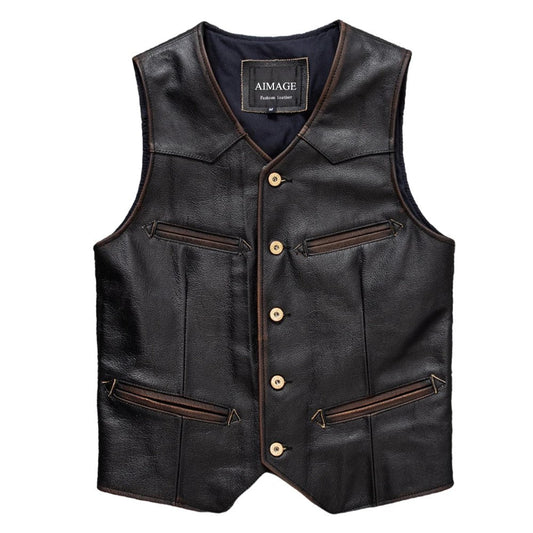 Gilet biker en cuir marron véritable marron homme