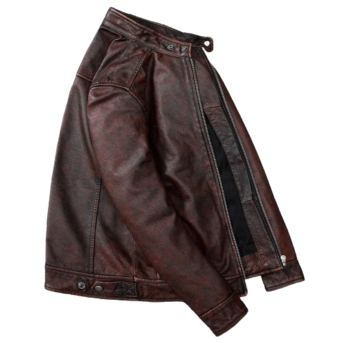 Veste biker marron en cuir de vachette vintage