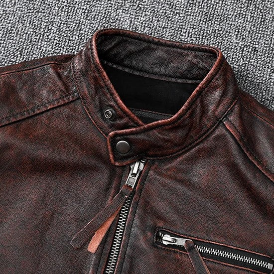 Veste biker marron en cuir de vachette vintage