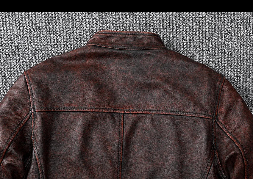 Veste biker marron en cuir de vachette vintage