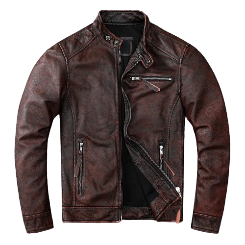 Veste biker marron en cuir de vachette vintage